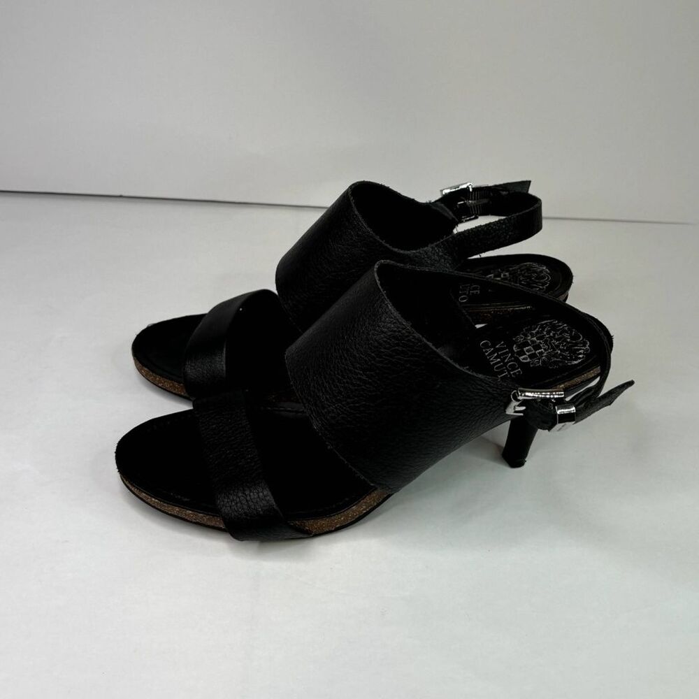 Vince Camuto Black Leather Strap Slingback Kitten Heels Sandals Womens Designer - Picture 1 of 11
